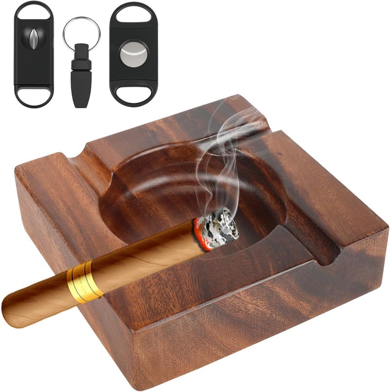 Besuper Premium Extra Large Wooden Cigar Ash Tray with 3 Cigar Cutter set, Cigarette Ashtray for Smokers Outside Patio Home Office Bar Use - Image 1